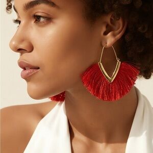 EUC - Red Dangle Hoop Fringe Earrings - Gold Trim